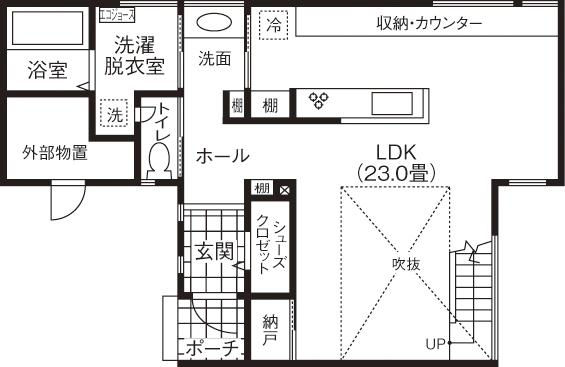 匠建(たっけん）コーポレーション 【36.01坪　３人家族　全室床暖房】床は無垢材、壁は塗壁。自然素材と空間デザインが洗練された住まいの間取り図（2LDK）１階