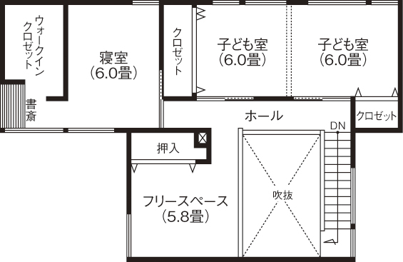 匠建(たっけん）コーポレーション 【36.01坪　３人家族　全室床暖房】床は無垢材、壁は塗壁。自然素材と空間デザインが洗練された住まいの間取り図（2LDK）２階