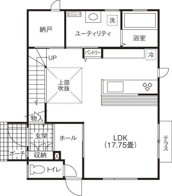 匠建(たっけん）コーポレーション 【札幌市　30.94坪 ３人家族　全室床暖房】20代で建てた家「私達の予算でこんないい家が建てられるとは！」の間取り図（3LDK）１階