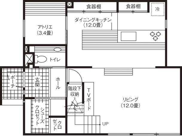 匠建(たっけん）コーポレーション 【札幌市　36.17坪　３人家族　全室床暖房】自然木と造作家具の深い味わい、秀逸なデザインが気品ある家の間取り図（3LDK）1階