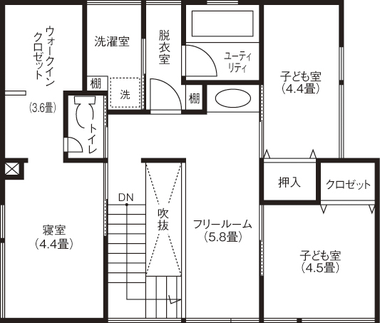 匠建(たっけん）コーポレーション 【札幌市　36.17坪　３人家族　全室床暖房】自然木と造作家具の深い味わい、秀逸なデザインが気品ある家の間取り図（3LDK）2階