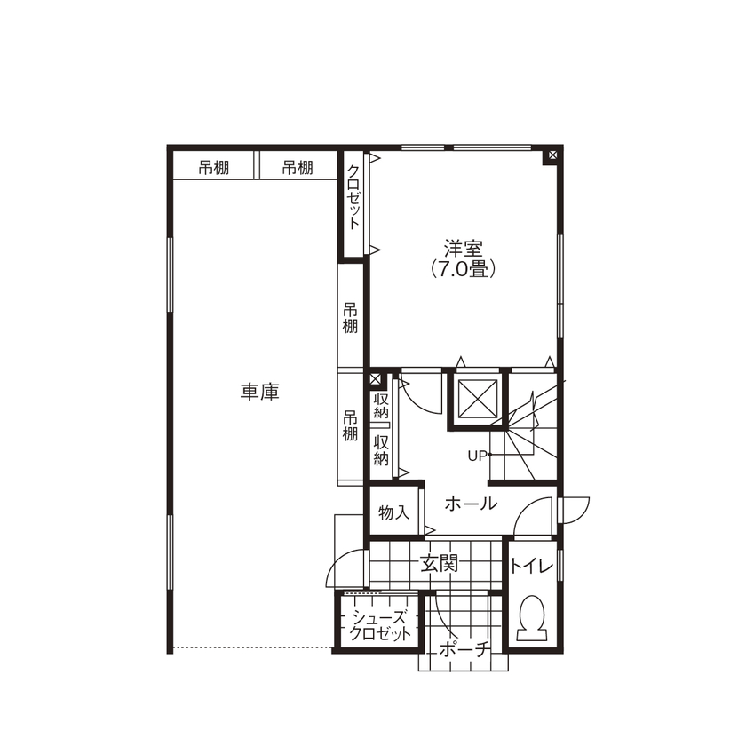 匠建(たっけん）コーポレーション 【札幌市　31坪　夫婦　全室床暖房】車庫＆家事室＆2階リビング　思いがかなった理想の我が家！の間取り図（2LDK）1階