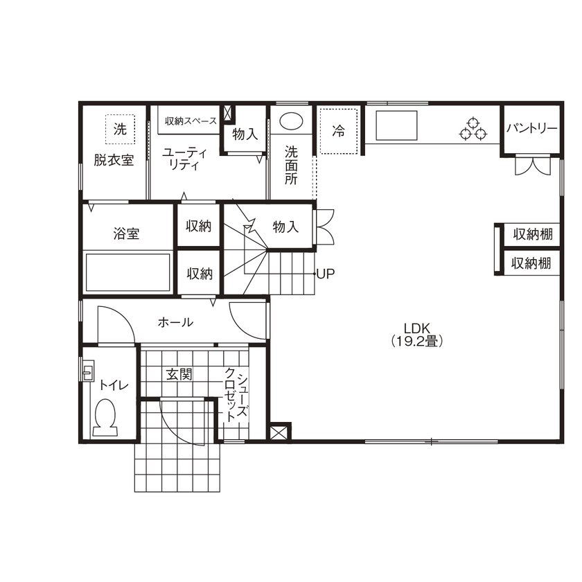 匠建(たっけん）コーポレーション 収納と開放感を両立した、シンプルモダンの家の間取り図（3LDK）1階