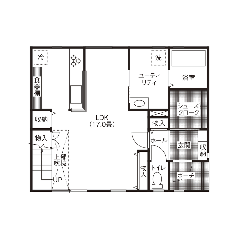 匠建(たっけん）コーポレーション 【札幌市　３０坪　３人家族　全室床暖房】収納と開放感を兼ね備えたお家の間取り図（3LDK）1階