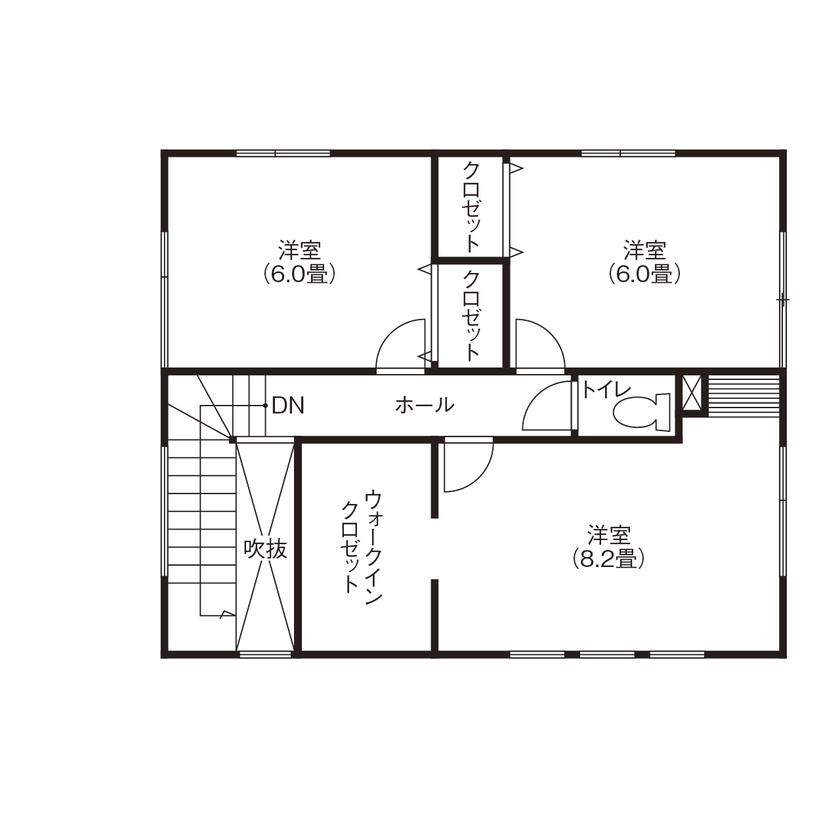 匠建(たっけん）コーポレーション 【札幌市　３０坪　３人家族　全室床暖房】収納と開放感を兼ね備えたお家の間取り図（3LDK）2階