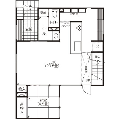 匠建(たっけん）コーポレーション 【札幌市　29.8坪　夫婦】存在感のあるキッチンが中心。室内窓は、空間と家族をつなげるの間取り図（3LDK）1階