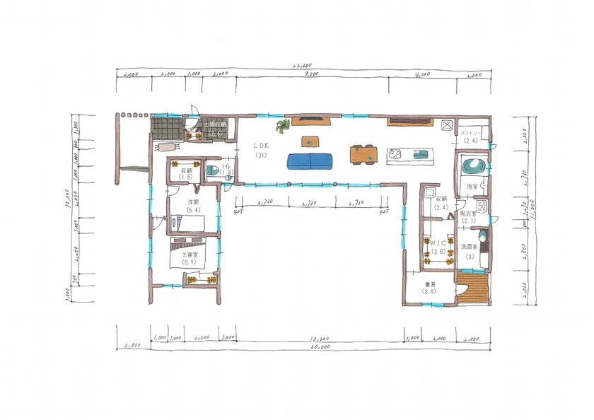 サティスホーム 【間取り図有×2000万円台×家事動線】LDKを中心に身支度する場所・眠る場所をコの字型でゾーニングした平屋の間取り図（3LDK）1階