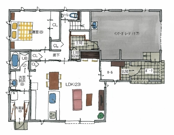 サティスホーム 【四日市/インナーガレージ/間取り図有】仕事着でも気兼ねなく使える家族用玄関と動線のある家の間取り図（4LDK）1階