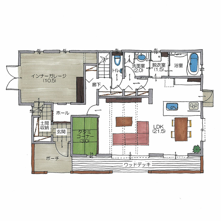 サティスホーム 【間取り図有×2000万円台×インナーガレージ×家事動線】20代で建てたアメリカ西海岸風ガレージハウスの間取り図（3LDK）1階