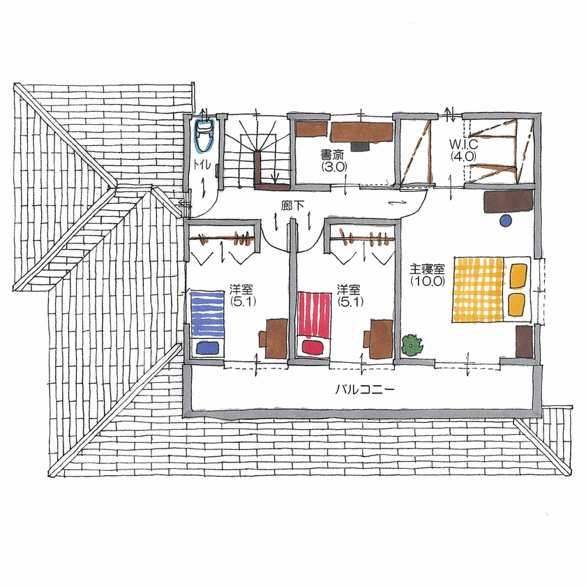 サティスホーム 【間取り図有×2000万円台×インナーガレージ×家事動線】20代で建てたアメリカ西海岸風ガレージハウスの間取り図（3LDK）2階