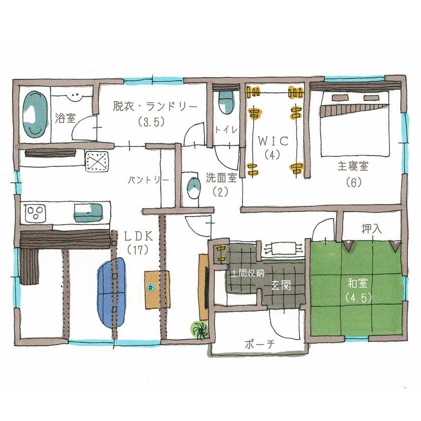 サティスホーム 【間取り図有×1000万円台×回遊動線】間取りに無駄がない、勾配天井のリビングが開放的な南欧風の平屋の間取り図（2LDK）1階