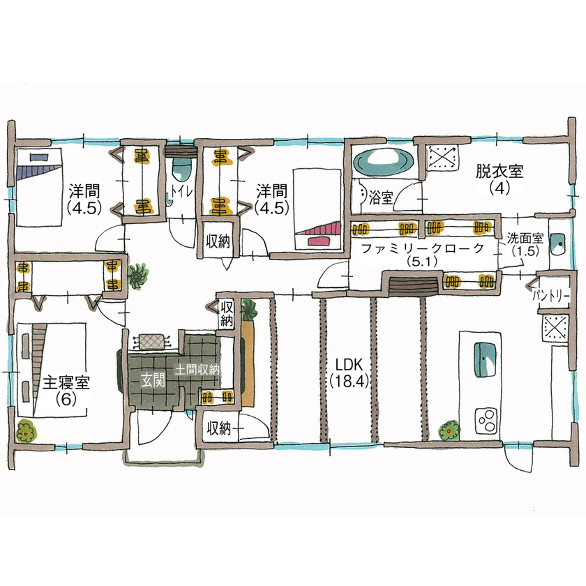 サティスホーム 【間取図有×2000万円台×回遊動線×ガルバリウム外観】玄関を中心に各部屋がつながる子育て家族のための平屋の間取り図（3LDK）1階