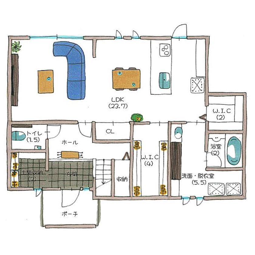 サティスホーム 【間取り図有×2000万円台×吹抜けリビング】庭も一体で、愛犬と伸びやかに暮らすキューブ型外観の家の間取り図（2LDK）1階