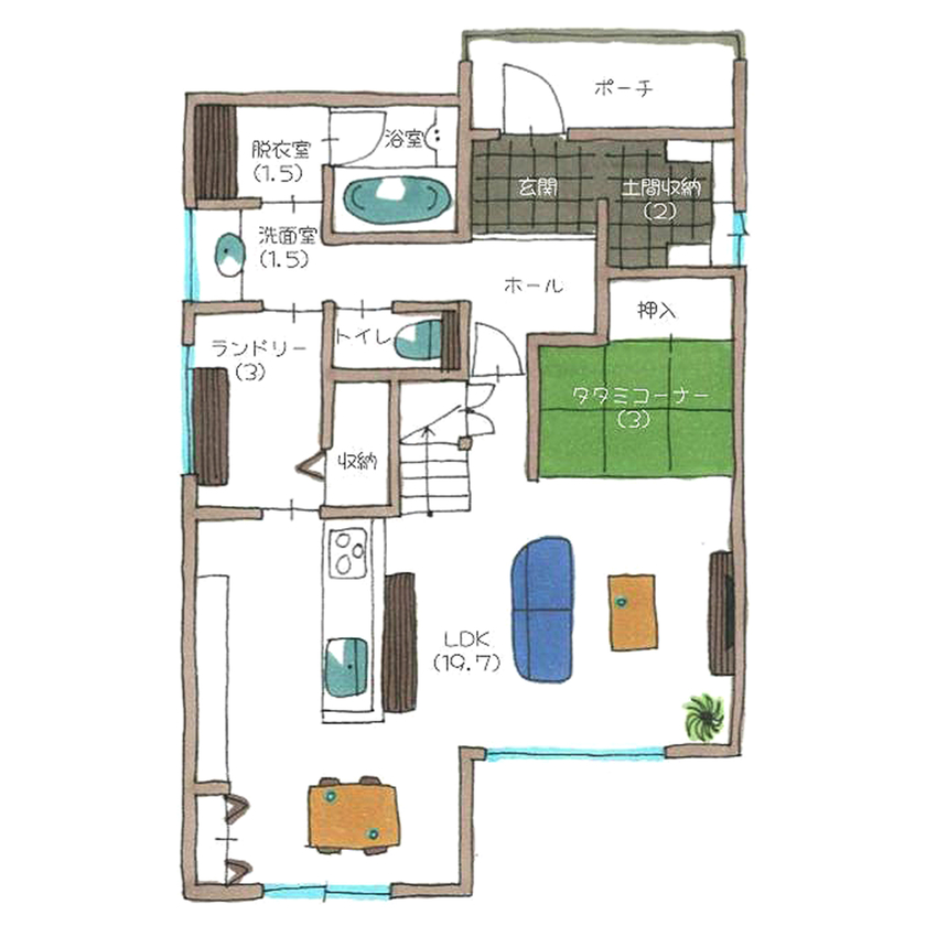 サティスホーム 【鈴鹿市×2100万円】「階段はアイアンフェンスで、ナチュラルな雰囲気も」そんな依頼から始まった家づくりの間取り図（3LDK）1階