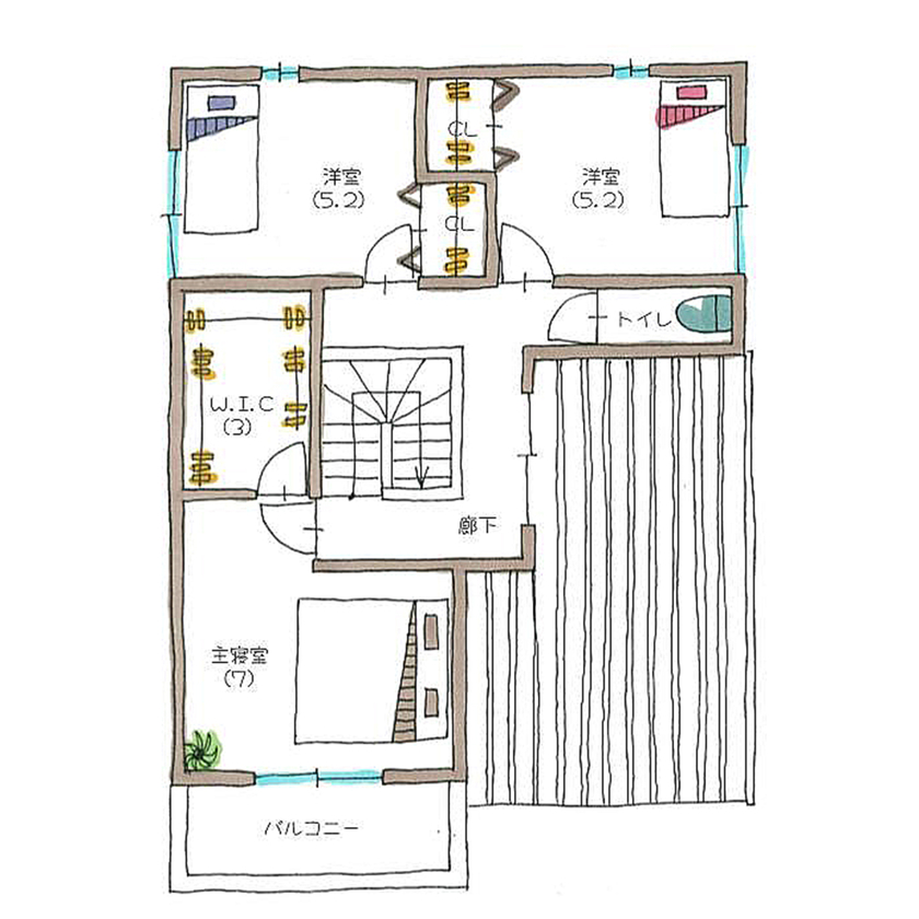 サティスホーム 【鈴鹿市×2100万円】「階段はアイアンフェンスで、ナチュラルな雰囲気も」そんな依頼から始まった家づくりの間取り図（3LDK）2階