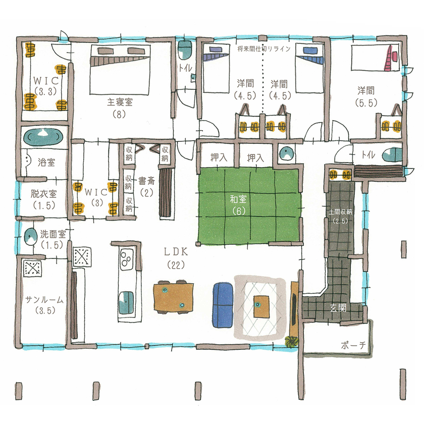 サティスホーム 【間取り図有×2000万円台×平屋×回遊動線】外とつながる深い軒。42坪の平屋は均整の取れたフォルムも自慢の間取り図（4LDK）1階