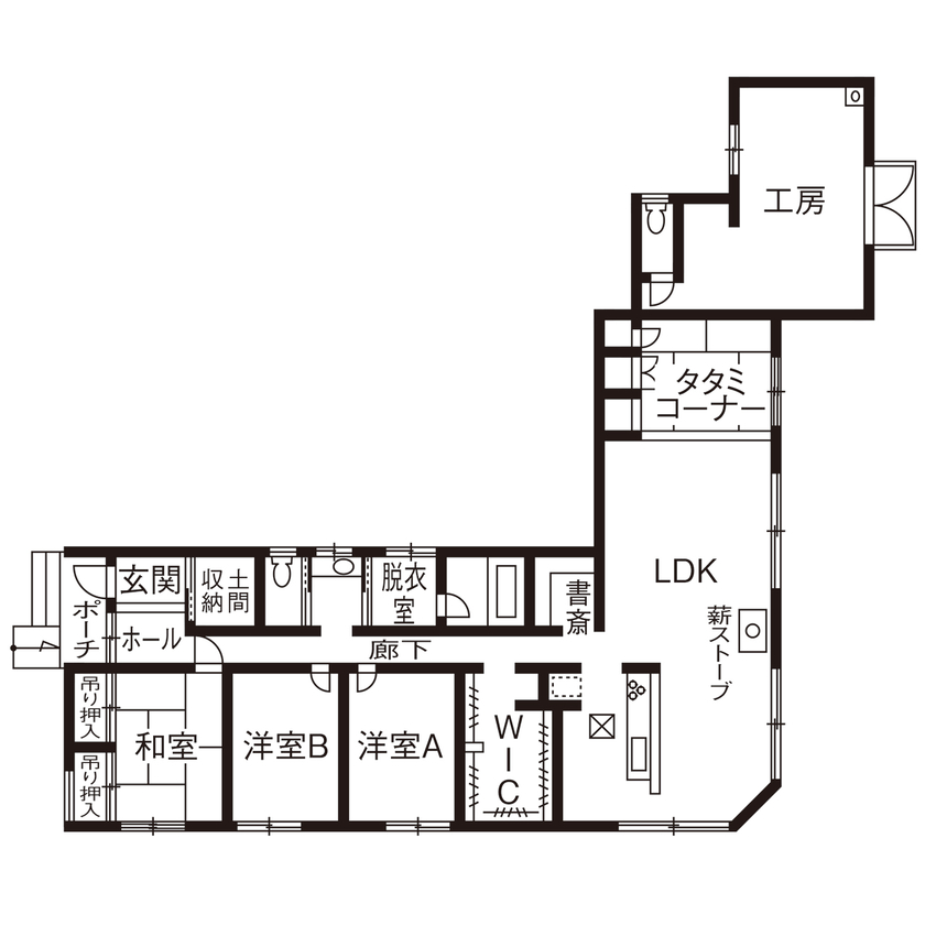 サティスホーム 【間取り図有×2000万円台×平屋×薪ストーブ】暮らすほど愛着が湧いていく、アンティークで素朴なL字型の平屋の間取り図（5K以上）1階