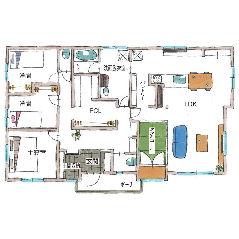 サティスホーム 【間取図有×2000万円台×平屋×土間】回遊動線も収納もこれから建てる方の参考になる合理的な平屋の間取り図（3LDK）1階