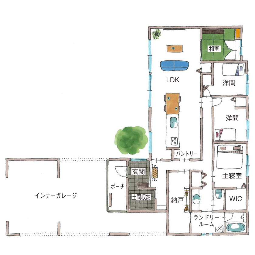 サティスホーム 【間取図有×2000万円台×インナーガレージ×土間収納】木質天井が出迎える伸びやかなリビングのあるL字型平屋の間取り図（4LDK＋ガレージ）1階