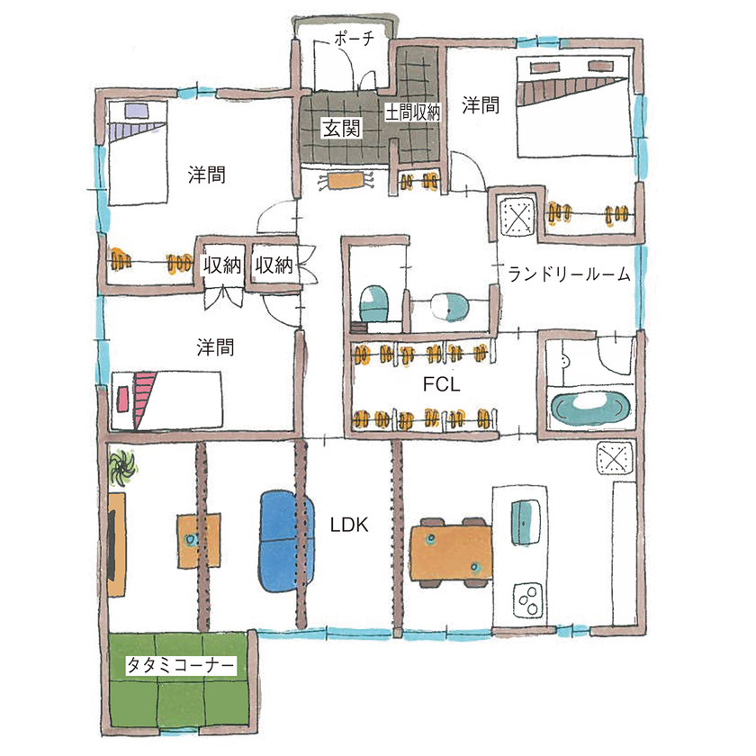 サティスホーム 【間取図有×2000万円台×回遊動線×土間収納】家族が自然に集まる、勾配天井のリビングが開放的な平屋の間取り図（3LDK）1階