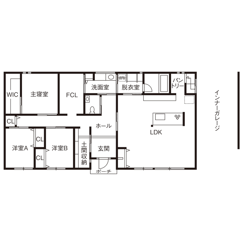 サティスホーム 【三重郡×20代×平屋×インナーガレージ×間取図有】間接照明で彩られた26畳のLDKが家族をつなぐ平屋の間取り図（3LDK）1階