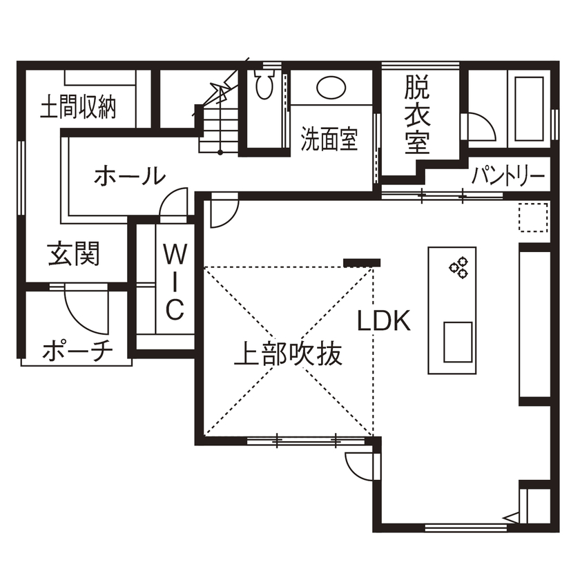 サティスホーム 【四日市市×2000万円台×吹き抜けリビング×間取図有】憧れたホテルライクな暮らしのための自由設計の間取り図（3LDK）1階
