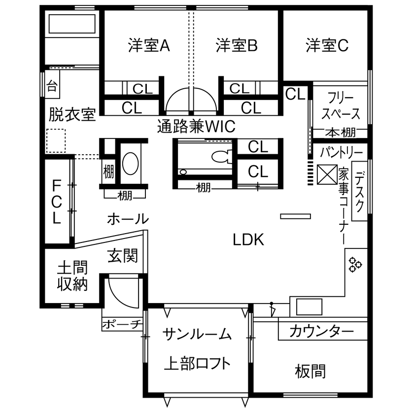 サティスホーム 【弥富市×平屋×サンルーム×ロフト×間取図有】立体空間の中で家族の居場所がゆるやかにつながる平屋の間取り図（3LDK＋サンルーム）1階