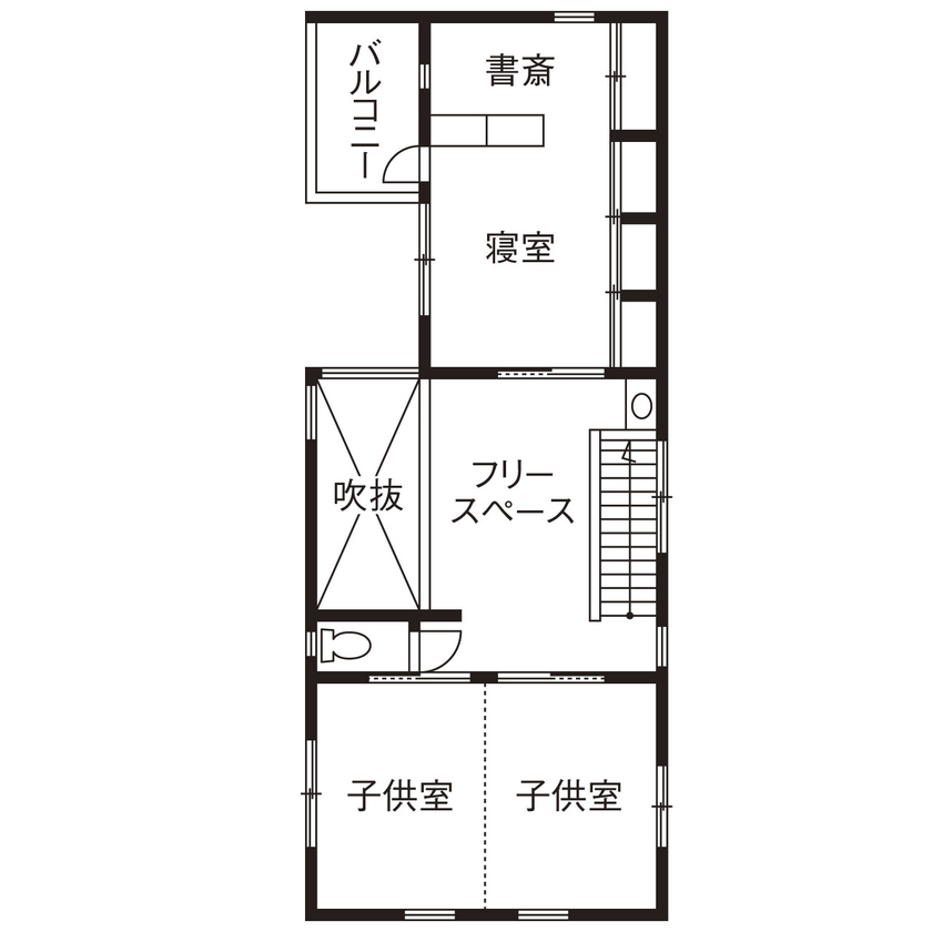 じょぶ 【大阪/3000万円台/30坪台】北向きでも光の入れ方を工夫し、心地よく光を浴びて季節を感じるシンプルな家の間取り図（3LDK）2階