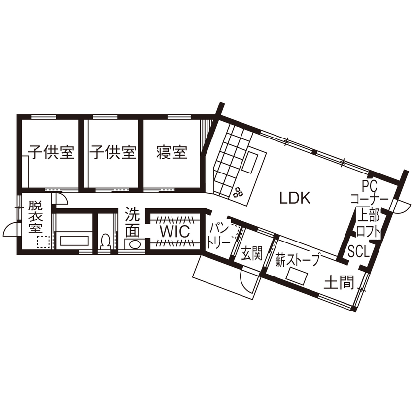 じょぶ 【兵庫/3000万円台/20坪台】風と光を採り込む「くの字」の平屋 土間から庭までつながる開放感いっぱいの家の間取り図（3LDK）1階