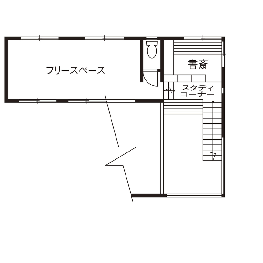 じょぶ 【兵庫/3000万円台前半/間取図有/20坪台】SE構法の特性を活かして叶えた大空間が心地いい、平屋風の住まいの間取り図（２LDK＋書斎）2階