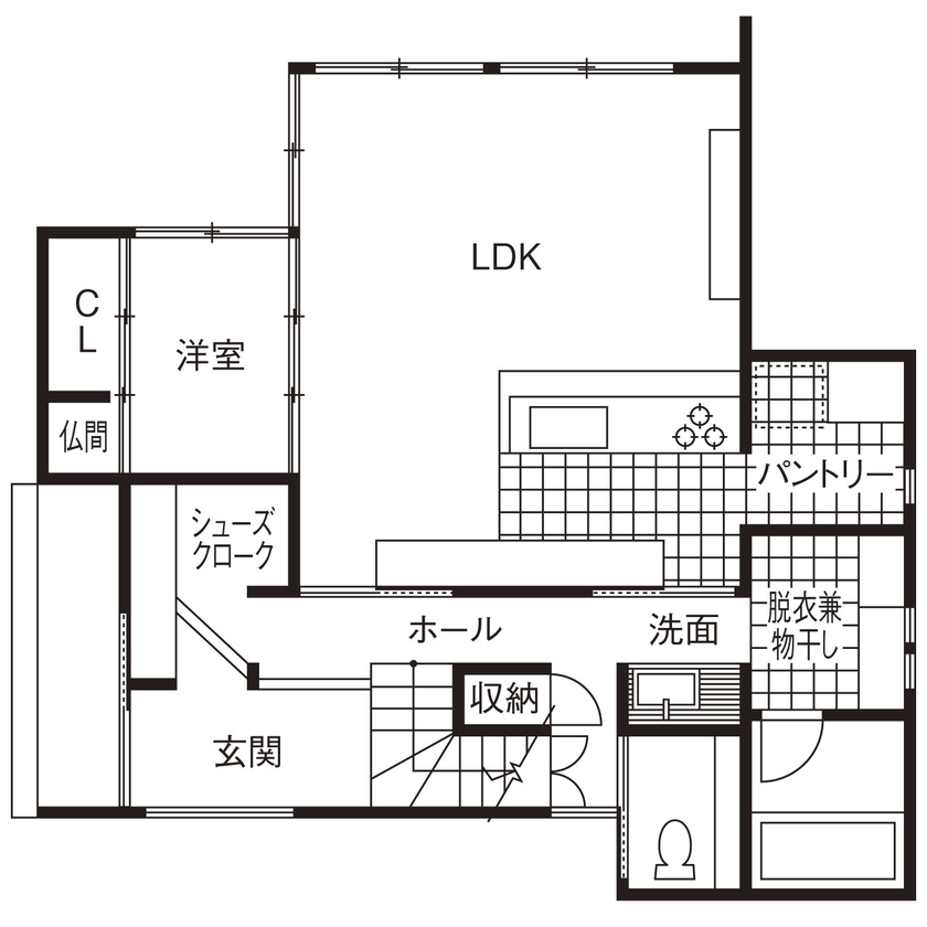 じょぶ 【奈良/3000万円台前半/旗竿地/間取図有/30坪台】自然とともに憩う、明るく心地いいくつろぎの住まいの間取り図（4LDK）1階
