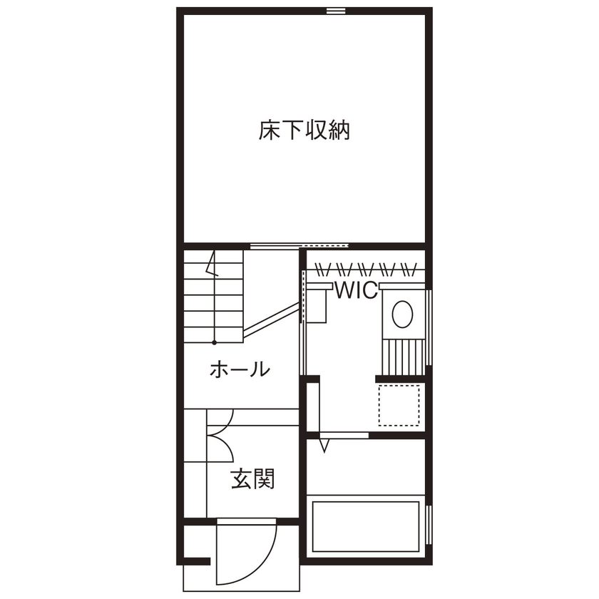 じょぶ 【大阪/2000万円台後半/狭小】スキップフロアで視覚的な広がりを生み出した敷地11坪の家の間取り図（2DK＋L＋床下収納）1階
