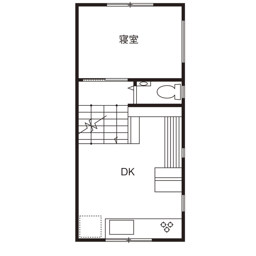 じょぶ 【大阪/2000万円台後半/狭小】スキップフロアで視覚的な広がりを生み出した敷地11坪の家の間取り図（2DK＋L＋床下収納）2階
