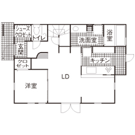 アットナチュレ 【1000万円台/32坪/間取り図】カフェのような見せる収納と自然素材にホッと癒されるナチュラルハウスの間取り図（4LDK）1階