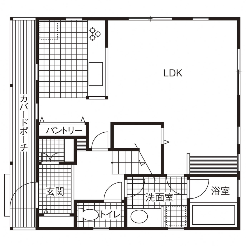 アットナチュレ 【1000万円台/32坪/間取り図/カバードポーチ＆ラップサイディング】西海岸の風を感じるアメリカンハウスの間取り図（4LDK）1階