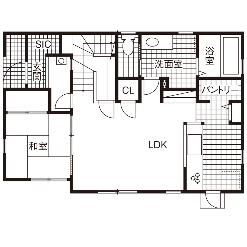 アットナチュレ 【1000万円台/30坪/間取り図/スキップフロア/無垢の木と漆喰の家】フランスの古民家風ナチュラルハウスの間取り図（4LDK）1階