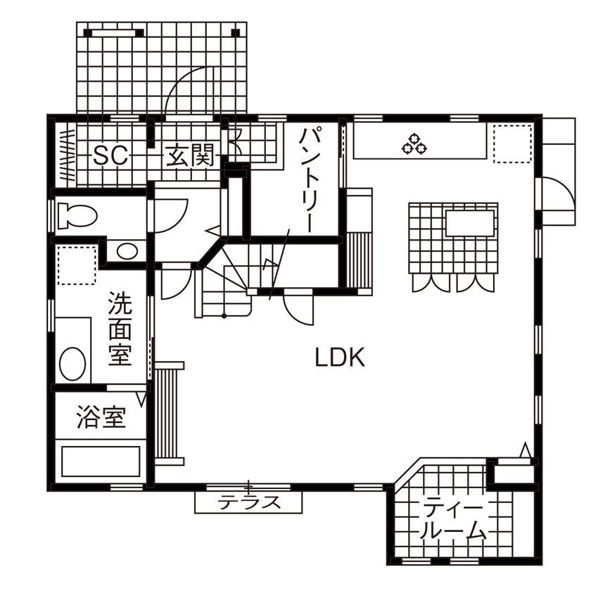 アットナチュレ 【1000万円台/41坪/間取り図/ハンドメイドキッチン/ダウンフロア】雑貨満載でもスッキリ暮らす北欧スタイルの間取り図（3LDK）1階