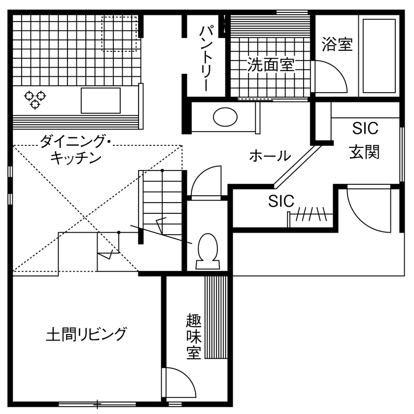 アットナチュレ 【1000万円台/28坪/間取り図/土間/吹き抜け/スキップフロア】薪ストーブ＆ヴィンテージ系ナチュラルハウスの間取り図（2L・DK＋土間リビング）1階