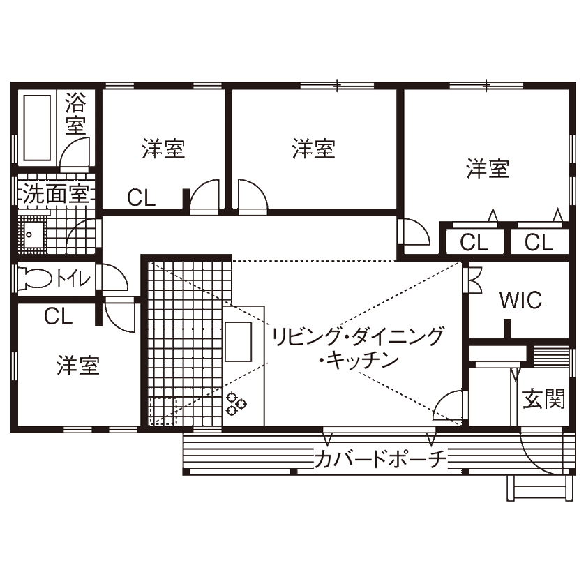 アットナチュレ 【1000万円台/26坪/間取り図/平屋】大好き！だけを詰め合わせたカラフル&ポップなアメリカンフラットハウスの間取り図（4LDK）1階