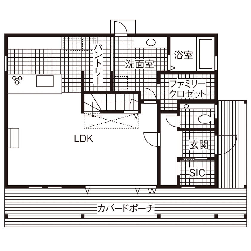 アットナチュレ 【2000万円台/42坪/間取り図/サーファーズ】庭と直結の開放感が気持ちいい!デザインも広さもアメリカンな家の間取り図（3LDK）1階
