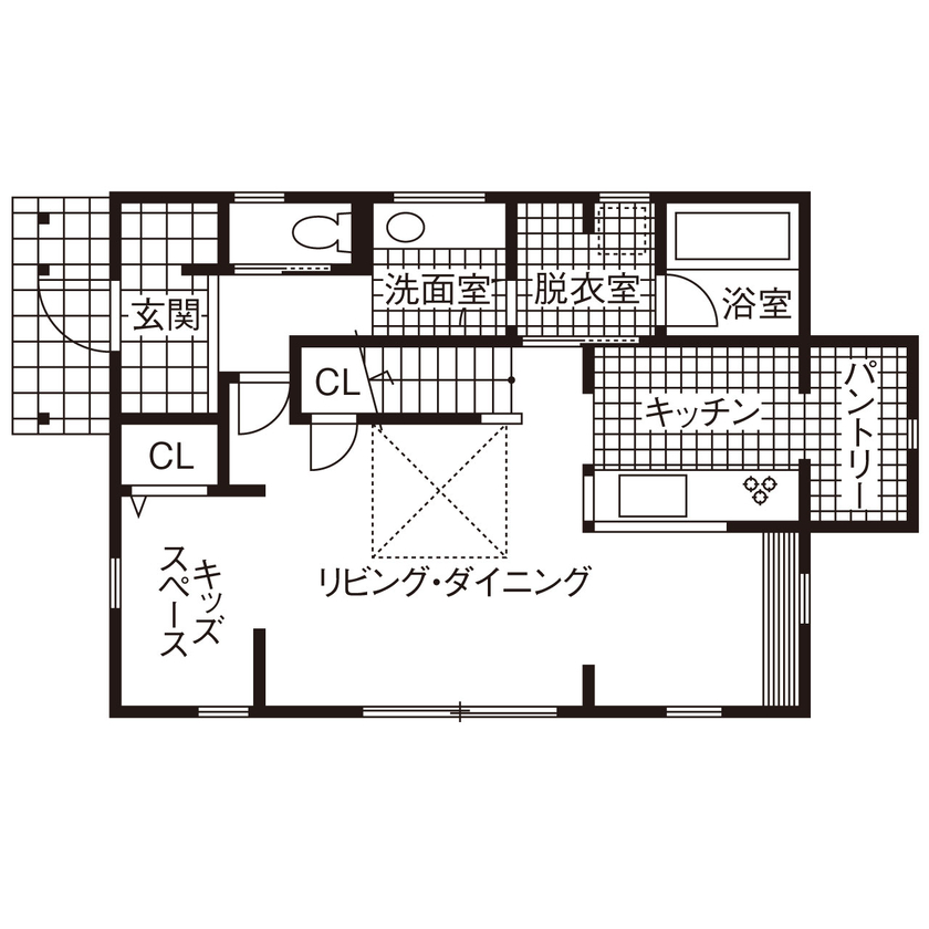 アットナチュレ 【1850万円/33坪/間取り図/造作家具】ベージュがアクセント。レトロでシンプルな大人のナチュラルハウスの間取り図（3LDK）1階
