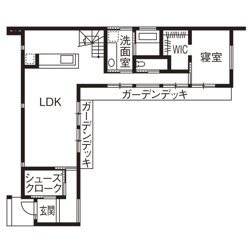 ESSRI（エスリ） 【滋賀/3000万円台/約40坪】平屋のような暮らしやすさ。アウトドアやインテリア、多彩な趣味を楽しむ家の間取り図（3LDK+2WIC+SCL+デッキ）1階