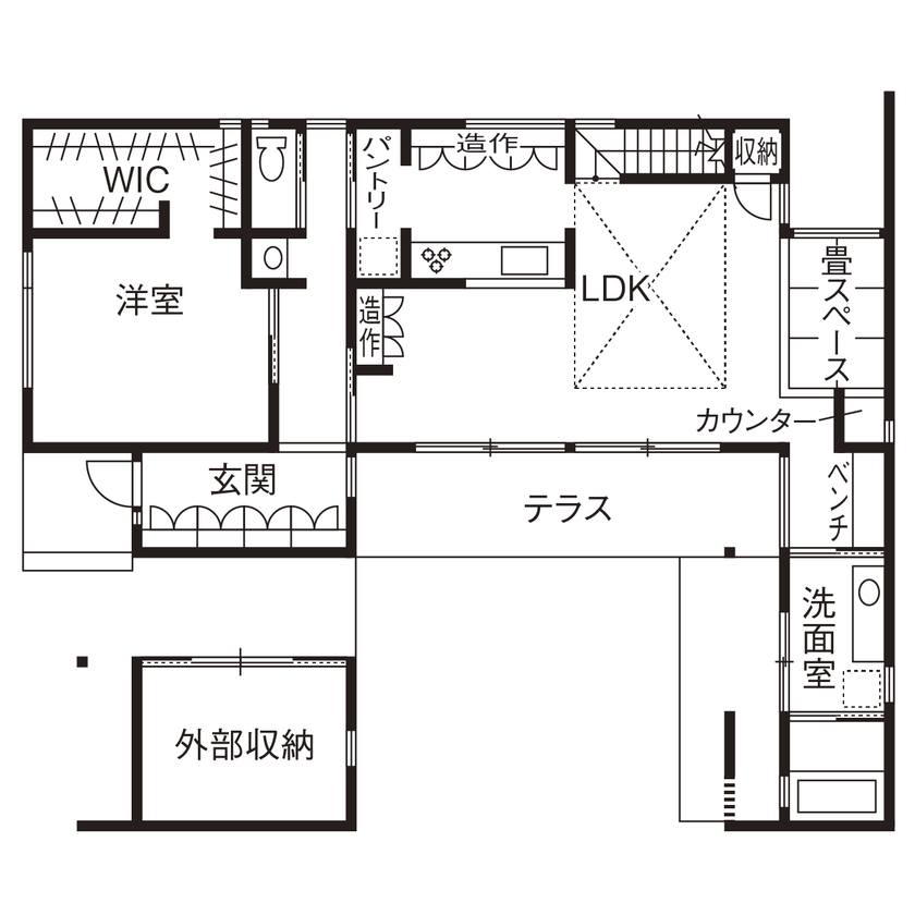 ESSRI（エスリ） 【滋賀/3000万円台/約40坪】中庭や坪庭が、季節ごとに変化する風景を届けてくれる。二人の静かな暮らしの間取り図（2LDK+2WIC+外部収納）1階