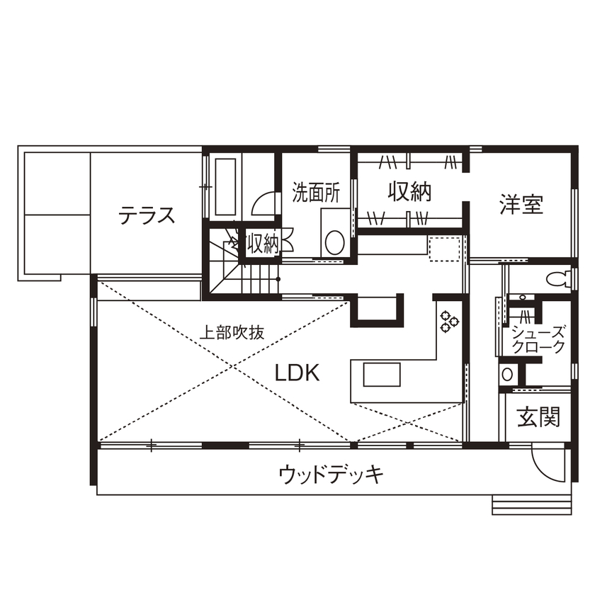 ESSRI（エスリ） 【滋賀/約30坪】芝生の庭が広がる自然豊かな家。味わい深い木や石の設えを、ゲストと共に楽しむの間取り図（3LDK+WIC+SIC）1階