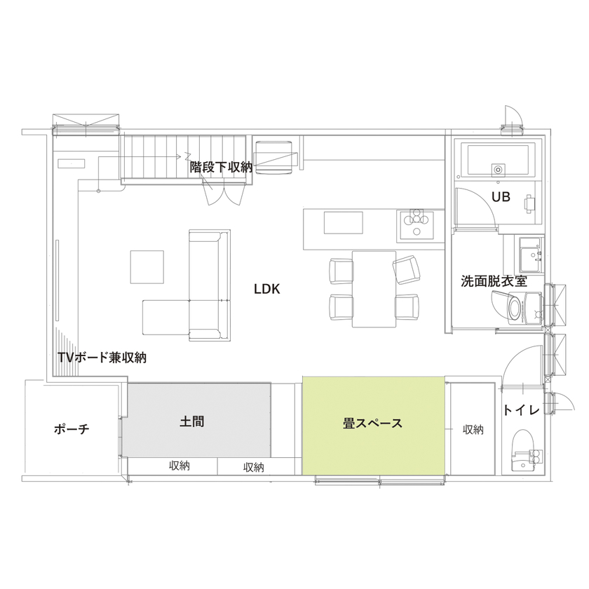 THE HAUS ザハウス 【北欧スタイル/無垢床/小上がり和室/間取り図有】仕切りのないLDKで家族がつながる家の間取り図（2LDK(間仕切りOK)）１階