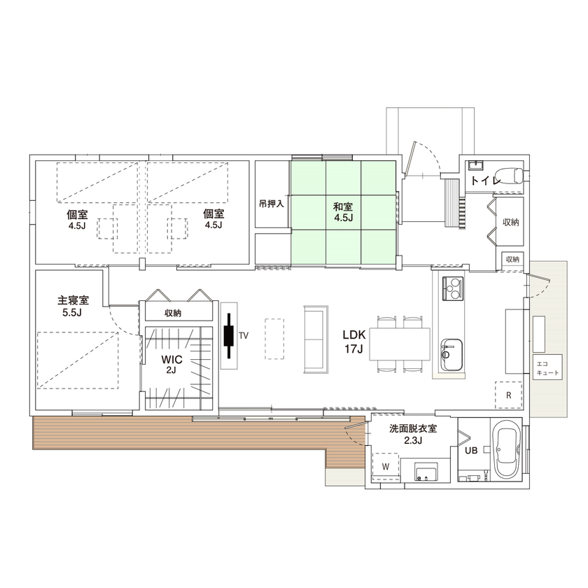 THE HAUS ザハウス ★間取りあり【平屋＋4LDK＋大開口】効率の良い間取りと、外とのつながりを持たせた和モダン平屋の間取り図（4LDK＋ウッドデッキ）1階