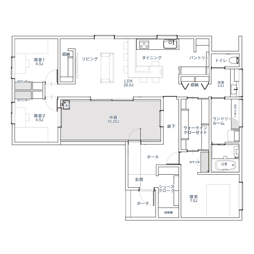 THE HAUS ザハウス ★間取り【平屋/3LDK＋中庭】プライベート庭と借景を持つ漆黒の平屋の間取り図（3LDK＋中庭）1階