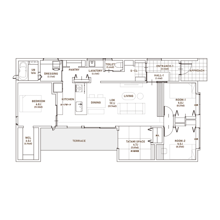 THE HAUS ザハウス 【大分県中津市/平屋/4LDK/塗り壁】中庭の景色を採り込むコの字型の平屋の間取り図（4LDK）１階