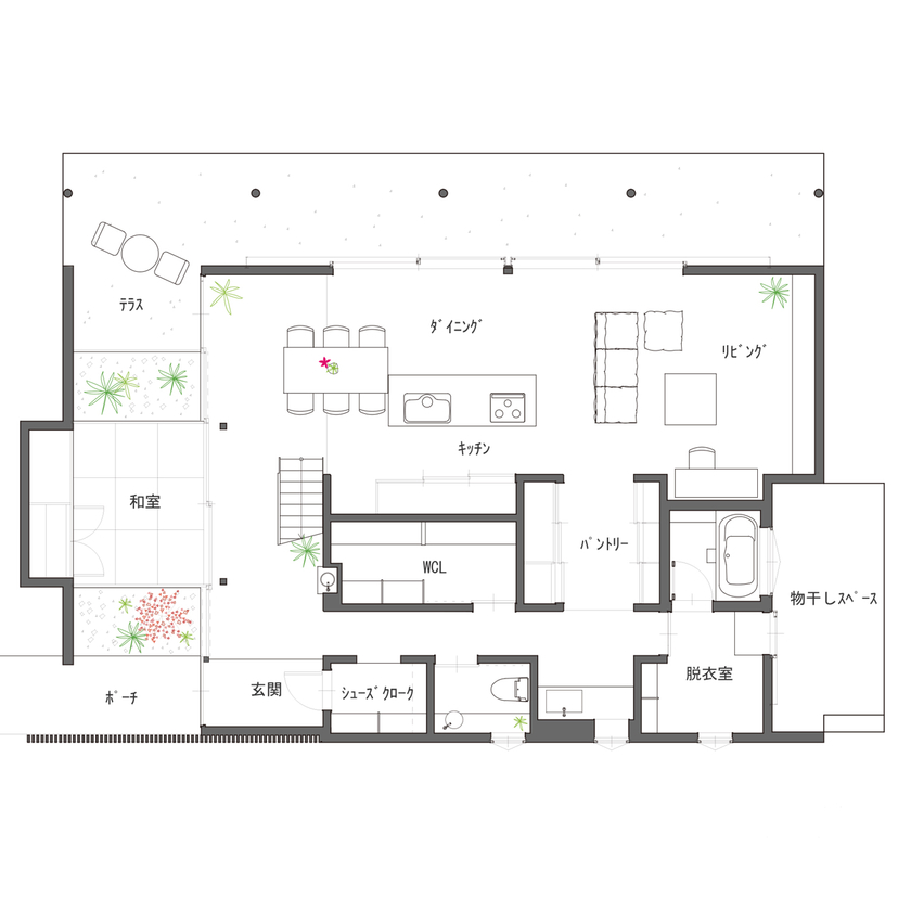 ALTS DESIGN OFFICE（アルツ　デザイン　オフィス） 《滋賀県/間取り図有》室内でありながら外の雰囲気を楽しめ、家族が心からくつろげる「風景を取り込む家」の間取り図（4LDK）1階