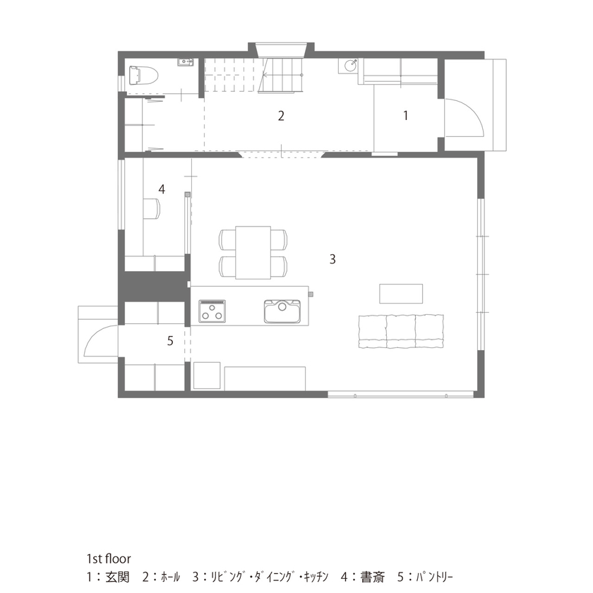 ALTS DESIGN OFFICE（アルツ　デザイン　オフィス） ≪滋賀県/間取り図有≫お気に入りの絵画が映える美術館のような玄関ホールとコンクリート土間がある住まいの間取り図（3LDK）1階